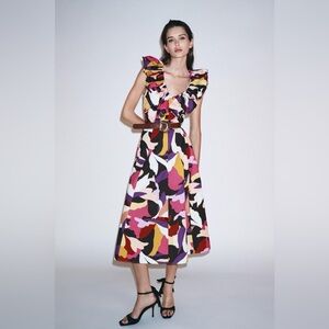 NWT Zara Printed Poplin Midi Dress with Belt